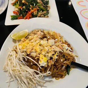 Crab Pad Thai and Basil Chicken