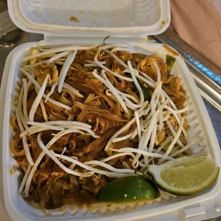 Chicken pad thai to go. Was alright. Not as flavorful as I ve had before