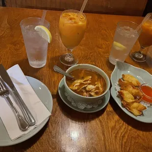 Thai Teas to drink  Tom Yum Soup (chicken) &amp; Krab Rangoon.