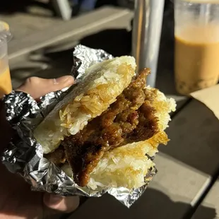 Classic BBQ Pork Burger,  Thai Iced Tea with boba