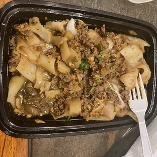 Hand cut noodle and ground beef.