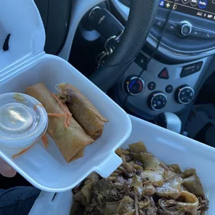 Beef Pad See-Ew &amp; Crispy Spring Rolls with Sweet &amp; Sour Sauce. Yum