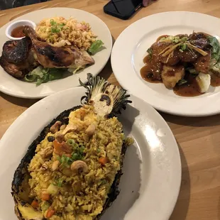 pineapple fried rice, bbq thai chicken, thai cafe spicy catfish