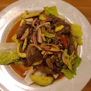 Spicy beef salad.