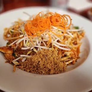 a plate of noodles and meat