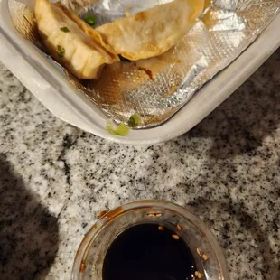 Cardboard-like (taste and texture) gyoza.