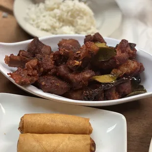 Sour pork, egg rolls, rice
