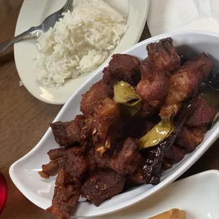 Sour pork ribs, rice, egg rolls