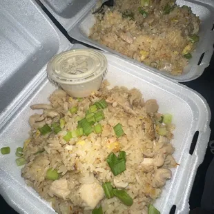 Two big sizes. Chicken fried rice (hot). One with side of white dressing &amp; one without.