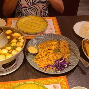 Shrimp Tom Yum Soup, chicken pad thai, fried wonton, and a side of rice!