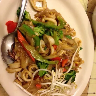 Pad Kee Mow with squid
