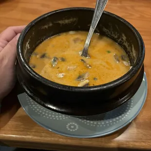 Big bowl of Chicken Coconut Soup Looks bigger in oerson.