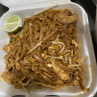 chicken and noodles in a styrofoam container