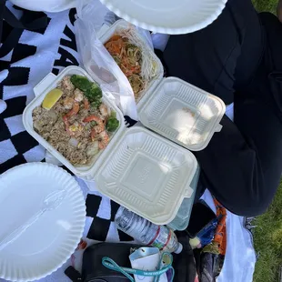 a woman sitting on a blanket with plates of food