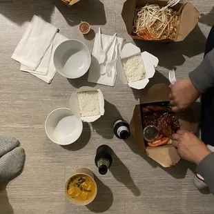 Egg rolls, pad Thai, Duck, and Panang Curry