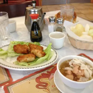 A-8 (royal chicken rolls) &amp; hot &amp; sour soup, w/ rice crackers, great starter&apos;s