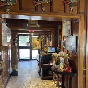 the entrance to a restaurant