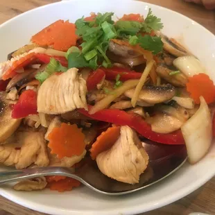 Vegetables with chicken and I cannot recall the name of the dish.  We liked it.