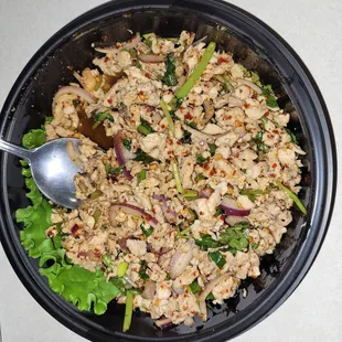 Chicken Larb (Thai spice level), eat with jasmine rice to fully enjoy.