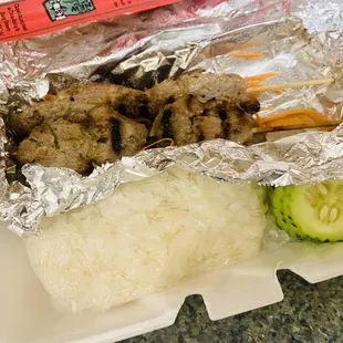4 Feb. 2023 / Moo Ping (3 Pork Skewers with sticky rice) -- $12