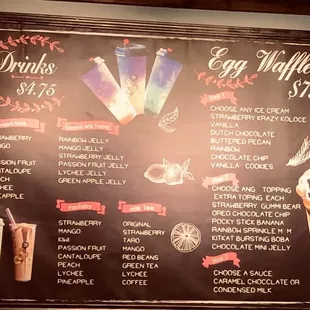 Huge Menu with bubble tea and Egg waffle on the wall.