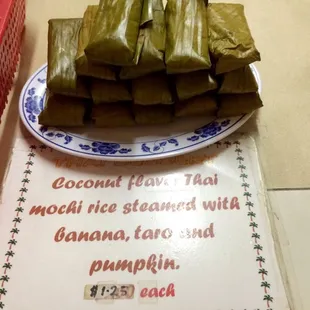 Thai mochi rice with coconut flavor and taro pieces. The perfect dessert to take on the go for just $1.25.