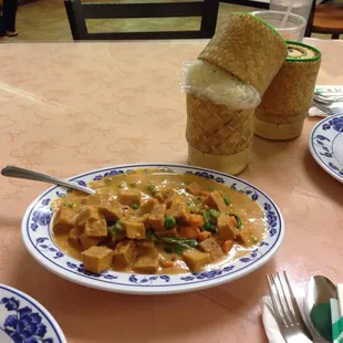 Panang Curry with tofu!  Vegan friendly if you ask for it without fish sauce.