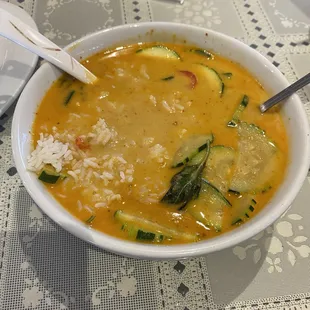 Panang curry with white rice.