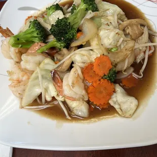 Stir fried veggies with shrimp. Shrimp were plump and delicious, veggies and sauce were very good!
