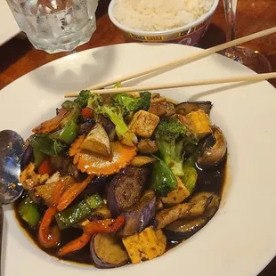 Stir fry eggplant with veggies and steamed tofu