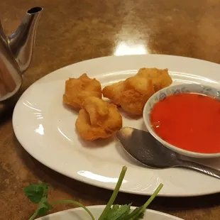 Fried Shrimp and hot tea.