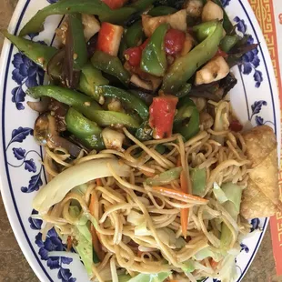 Noodles side dish and chicken stir fried