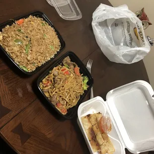 Veggie fried rice, beef lo mein, and pork egg rolls!