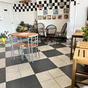 a black and white checkered floor