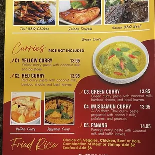 5th page of the menu. Teriyaki bbq, curries and fried rice.