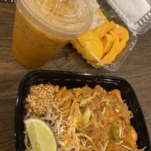 Pad Thai with fried tofu, Thai tea, mango sticky rice