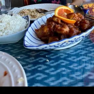 Orange peel chicken and chicken fried rice.