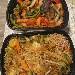 Top: Eggplant with Fresh Basil (with tofu) bottom: Pad Thai veggie style