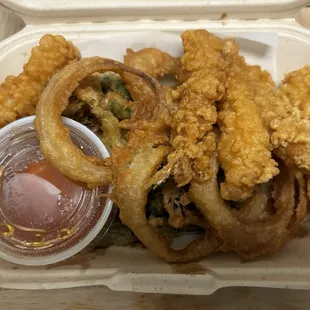 Tempura shrimp and veggies.