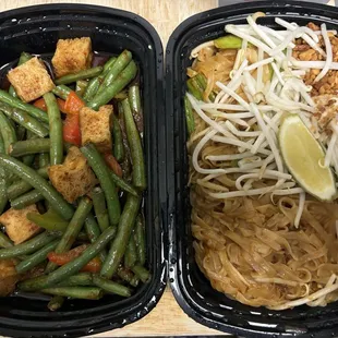 Green beans with tofu, and pad Thai with seafood, no egg.