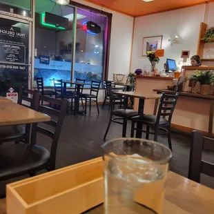 a glass of water on a table