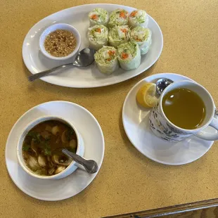Tom Yum, ginger tea, fresh spring rolls