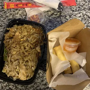 Chicken Pad Thai and spring rolls