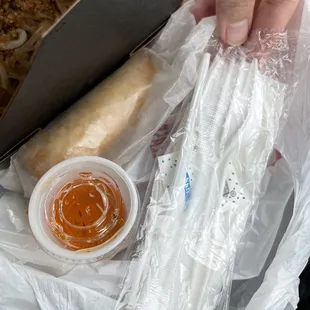 Came with wrapped utensils, spring roll, and sauce