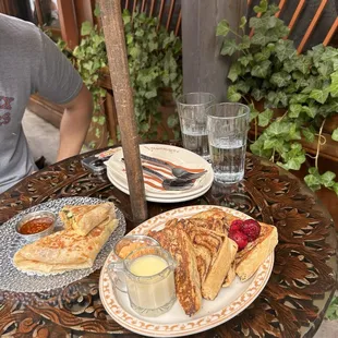 thai tea babka french toast, breakfast sandwich
