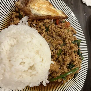 Ga-prow-rad-khao. Thai style basil ground chicken stir fry