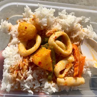 Pineapple curry with squid ( ordered to go and ate in the car so I tried not to make a mess). Actual portion is bigger.