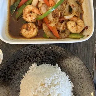 Pad see ew with veggies and Thai basil with shrimp