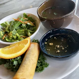 Soup, salad, fried roll with lunch entree
