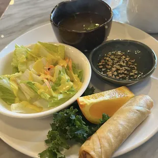 Lunch salad, soup and spring roll